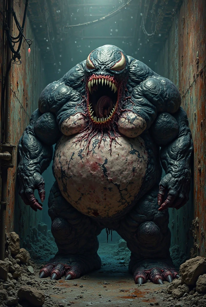 Dramatic photo of a disgusting horrifying monster creature in an office building at night, obese, cinematic, scary, horror,