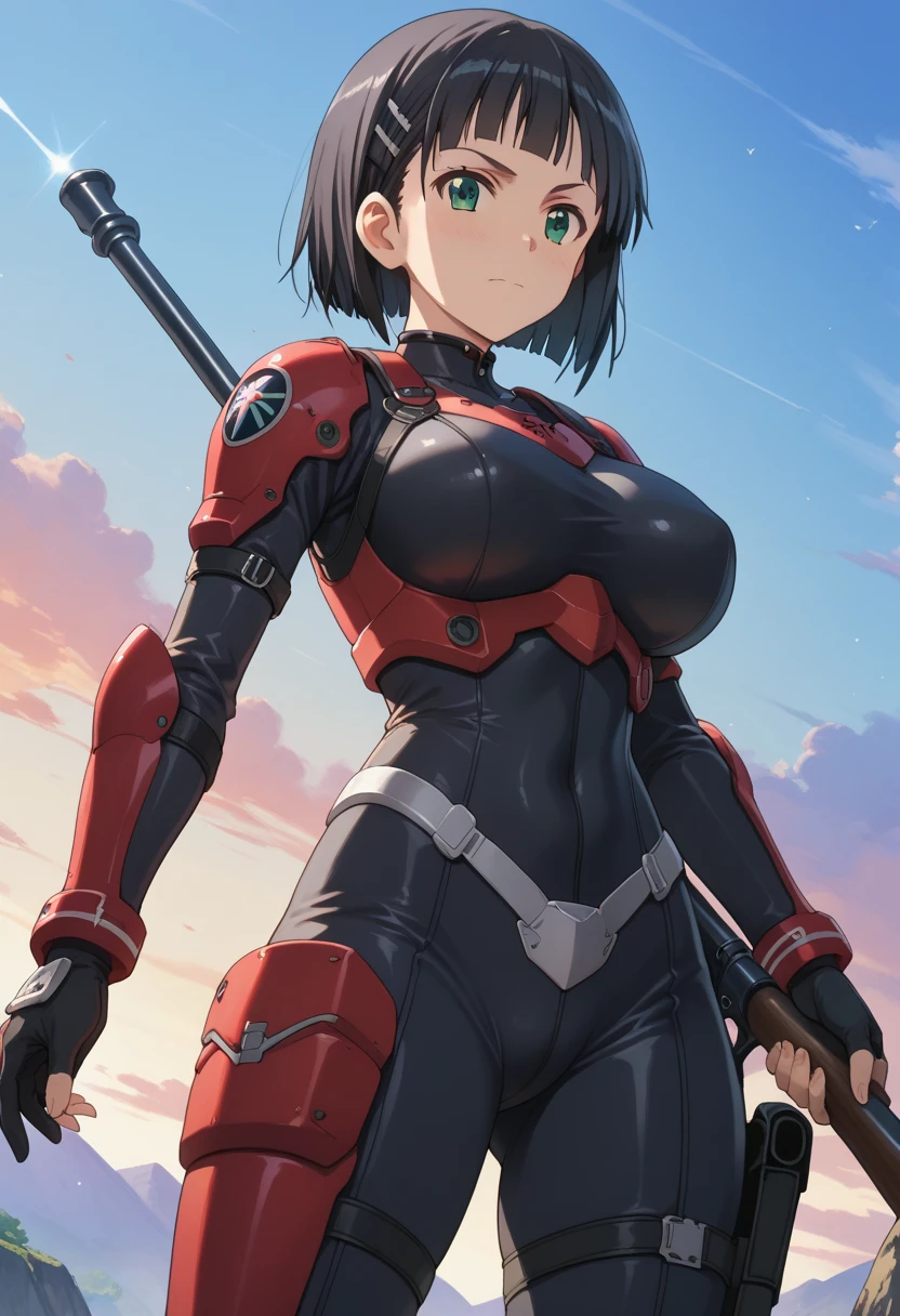 score_9, score_8_up, score_7_up, score_6_up, source_anime, 1girl, solo, berengaria, black hair, short hair, purple eyes, hair over one eye, maroon bodysuit, long sleeves, black armor, gauntlets, big breasts, looking at you, blue sky, forest, alpine forest, upper body, hand on hip