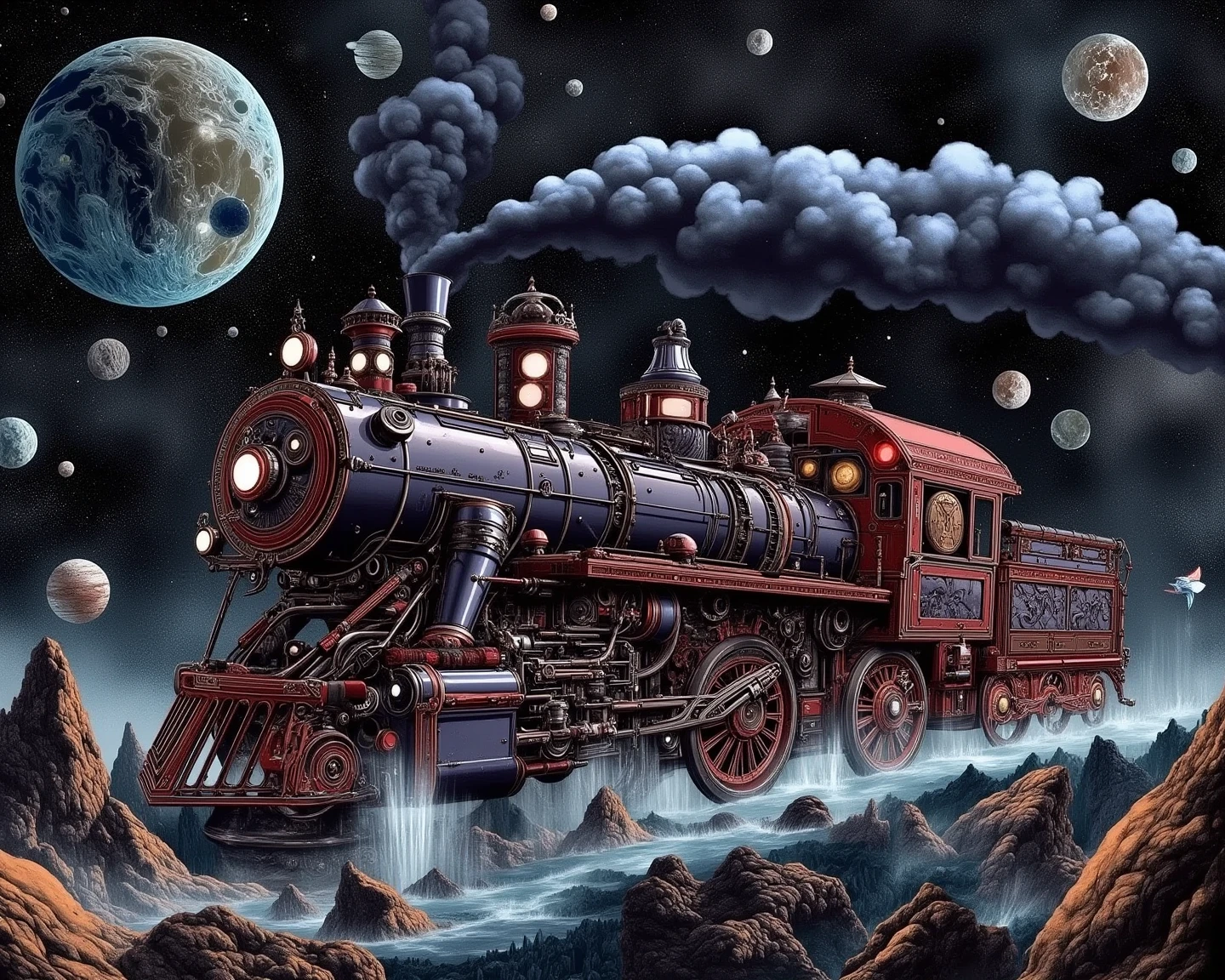 Illustration of a steam locomotive traveling through outer space、Move between multiple planets while emitting smoke、science fiction illustration、Sci-fi fantasy、A sense of dynamism that makes you feel energy、super wide angle