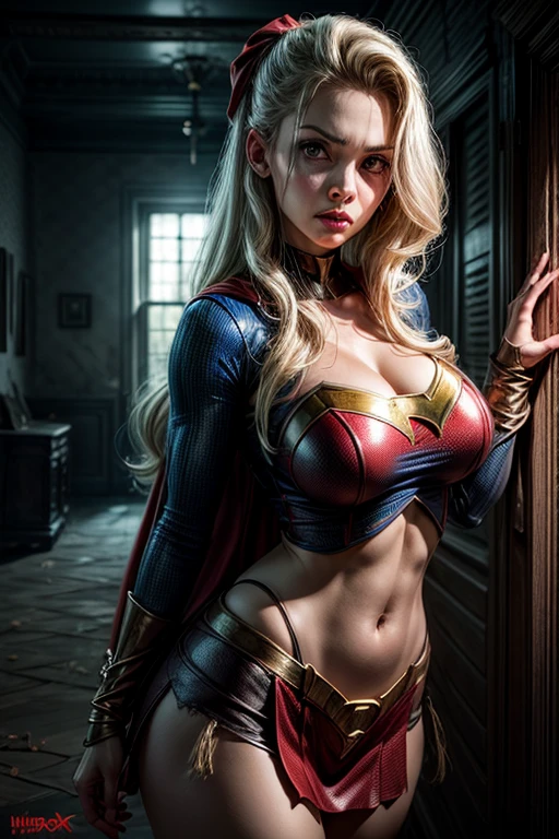 (best quality), (masterpiece), (horror), (bloody), supergirl, (blonde messy hair), (tired and weak face, busted lips, bleeding lips),(perfect body, perfect boobs, perfect thighs), ((dirty and bloody skin)),(tears, blood, bruises on face and body, blood flowing from head and face, injuries on body, damaged), (wearing supergirl suit, damaged, ripped and torn clothes, exposed belly, exposed thighs, exposed arms), (kneeling weakly), dark lighting, foggy and smoky, 8k resolution, high saturation, low exposure, destroyed and burning city surrounding