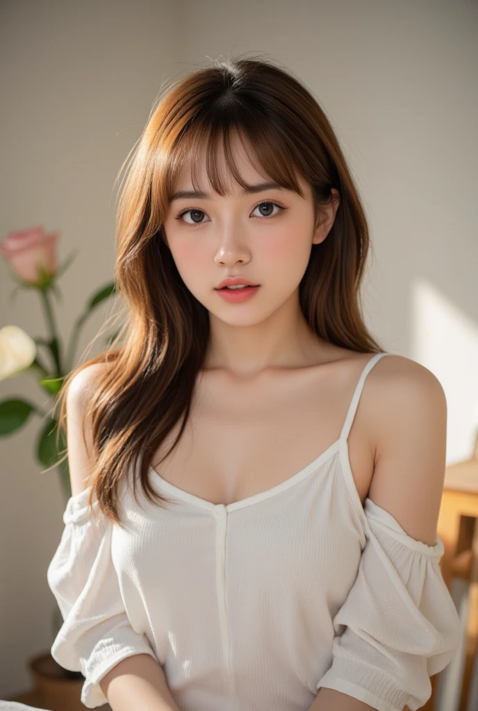 top-quality、in 8K、masterpiece:1.3、foco nítido:1.2、Photo Real:1.0、1 girl in、medium chest、cleavage of the breast、detailed beautiful faces、large dark brown eyes、brown haired、swim wears、The bikini、cute little、年轻、the pose、length hair、Look at viewers、profetional lighting、physically-based renderingt。