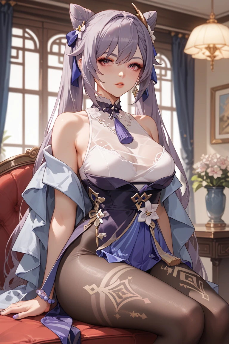 bright, 1 busty girl, Alone, Long gray hair, jewely, ear nipple ring, mediuml breasts, Closed-toe leggings, lace panty hose, hair adornments, Full body lesbian, Flowers, hairflower, toes, LOP, Barefoot, a skirt, Eternal, the feet, actual, Indoors, the benches, Mature woman, 1 busty girl, Alone, upper part of body, face to the viewer, looking at viewert, ssmile,