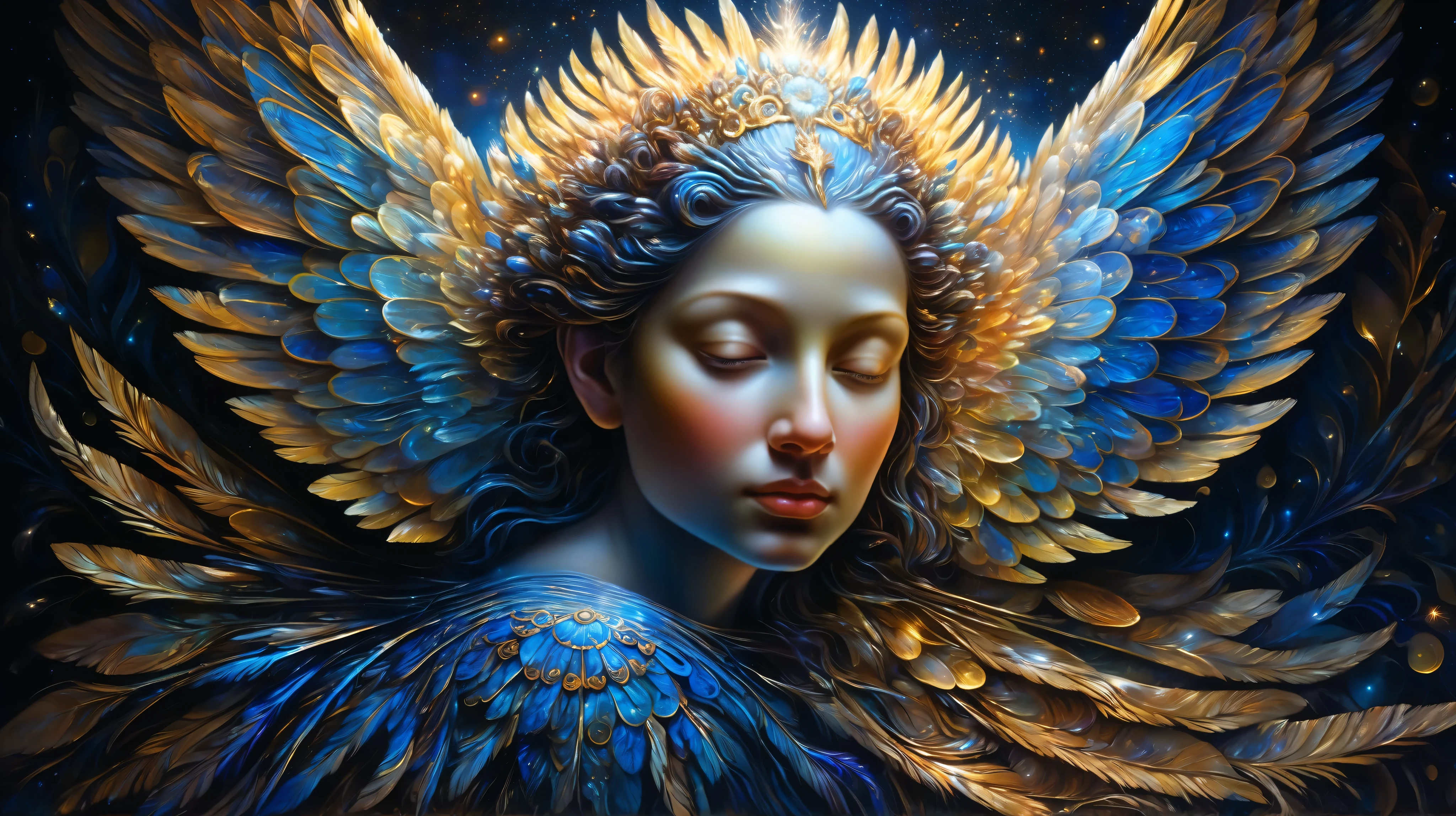 A majestic seraphim with flowing striped wings, each feather intricately patterned with glowing celestial stripes, floating in a surreal, ethereal space filled with shimmering particles and soft light. The background features a blend of deep blues and golds, with subtle neon accents. The style is reminiscent of baroque oil paintings with thick impasto and chiaroscuro lighting, inspired by the works of Rembrandt and Alex Grey. The overall atmosphere is one of divine wonder and cosmic mysticism.