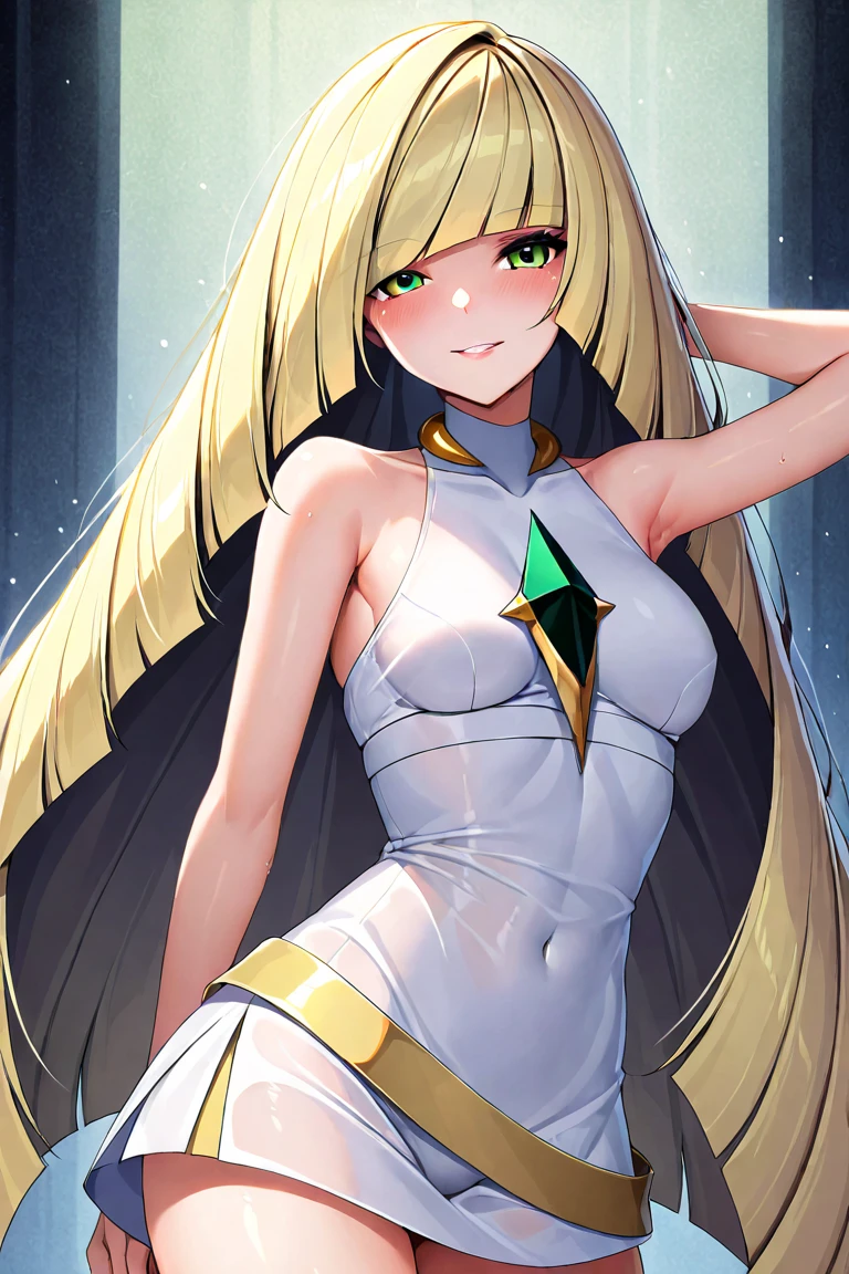 Pokemon Lusamine, Pokemon Lusamine, Blonde Hair, (Green Eyes:1.5), Hair above one eye, Long Hair, Multicolored Hair, Striped Hair, very Long Hair,Blonde Hair Breaking Bare Arms, diamond (shape), dress, gem, green gemstone, leggings, short dress, No sleeve, No sleeve dress, white dress, white leggings, looking at viewer, Upper Body, whole body,No pants (masterpiece:1.2), Highest quality, High resolution, unity 8k wallpaper, (figure:0.8), (Beautiful and fine details:1.6), (Perfect hands, Perfect Anatomy),blush,Crying face,Having sex,Creampie,Climax