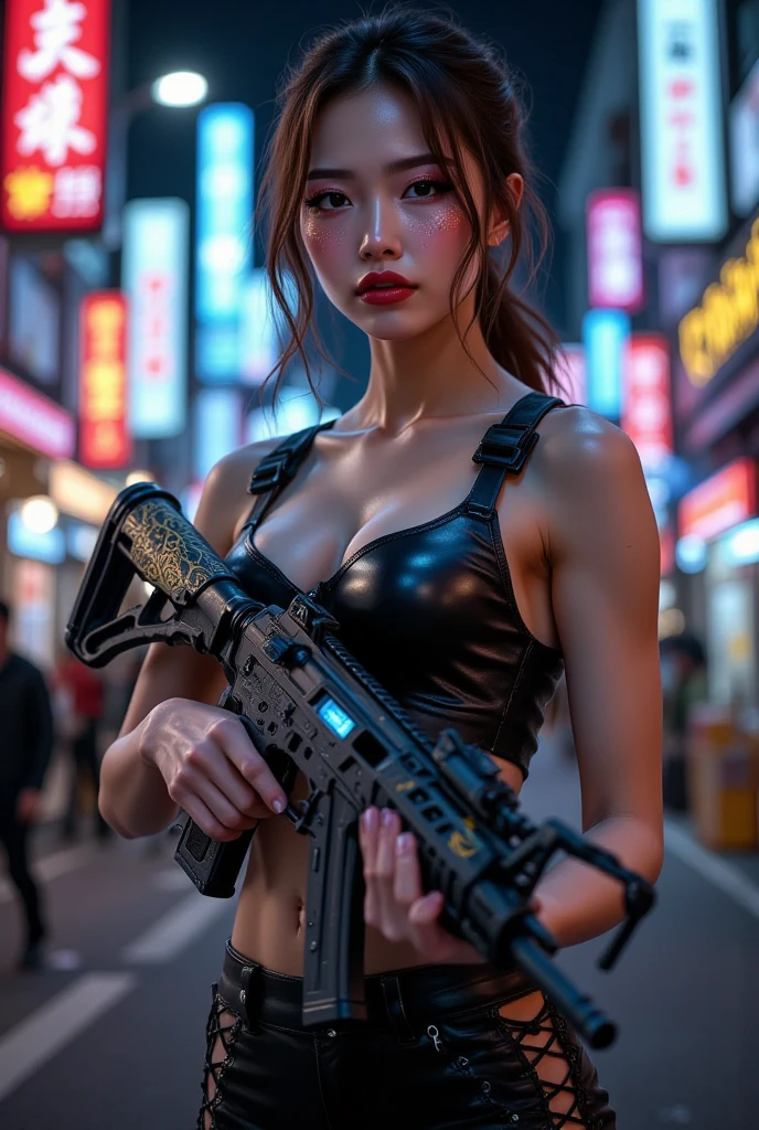 8k, Realistic Skin Texture, Realistic Photo, Neo Tokyo, slim Japanese women, large-breast:1.3 cleavage:1.2, AD2050 at night, Dirty hunting jacket, Wearing tube top, miniskirt, (((black sunglasses, automatic rifle, sneakers, cold, shooting pose, low angle view))), Innovative composition, revenge, cyberpunk, blade runner worldview, Large neon sign, Geisha hologram sign, Strong Wakamoto Sign.