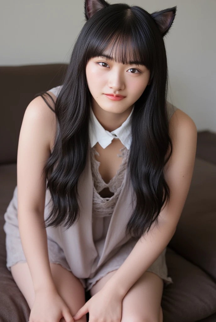 Gray background、pubic hair、Large Breasts、Thighs、Red lipstick、(((Glaring)))、Curly Hair、Disheveled Hair、Cute woman、high school girl、White shirt、Navy frill mile、Open chest shirt