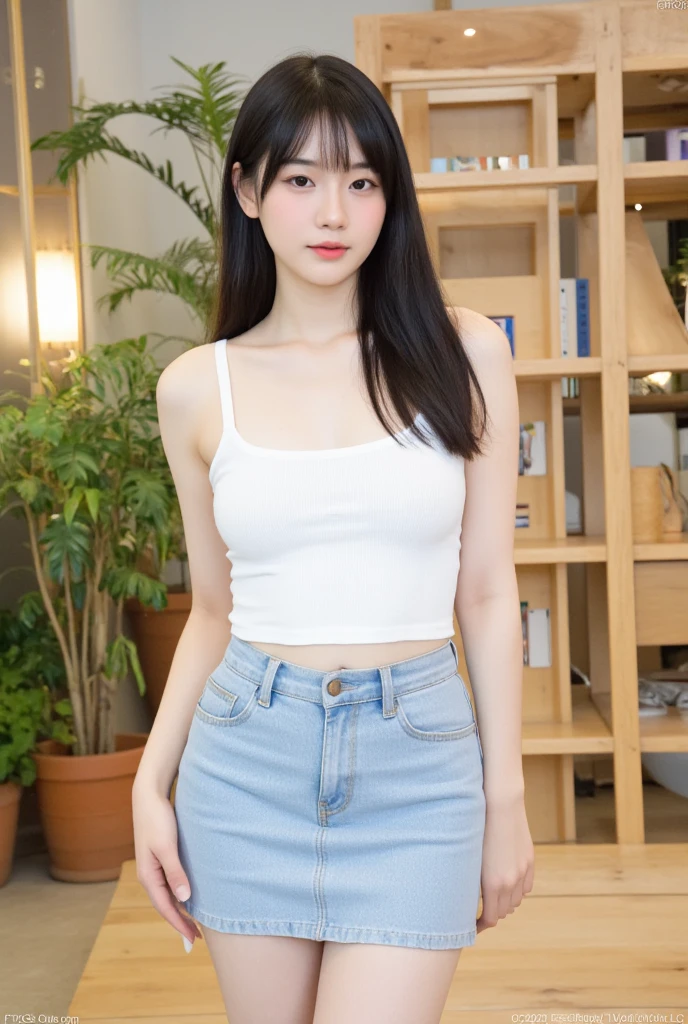 (Best quality, masterpiece, detailed), (RAW, 4k, hd images), shy, 1 girl, 17 years old, white skin, long hair, ponytail, layers hair, bangs, black hair, beautiful girl, cute girl, sweet girl, pretty girl,perfect girl, pretty eyes, blue eyes, thin lips, thin,(eye line, lip stick soft), perfect boobs, glasses(detailed frame), indoors, smile, thigh, full body, white tshirt clothea, blue short pants, standing, photo in the middle
