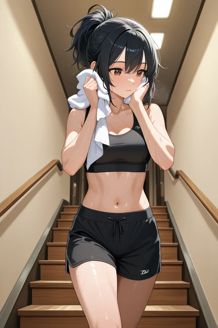 A girl, kneeling on the playground after school, ((full body visible)), far away from viewer.
She is a beautiful, pretty, adorable, cute, young, teen.
She is slim, slender, petite, skinny, (flat chest), (tiny boobs), (small breasts).
She is sweating, wet, soaked. Clothes transparent, sweat on skin, wet hair.
She is grinning, smiling. She looks natural, relaxed, unpretentious.
Trickery face. Making funny faces. (Tongue sticking out), telling a secret, hiding a secret, shy, excited.
She stares, looking at viewer.
She has a black ponytail.
She wears school uniform, a rolled-up white shirt with blue collar, a colored Corduroy sport bra under shirt, blue shorts, wearing two layers.
shirtlift, . (((She lifts up her shirt, showing off her sports bra underneath))).
Camera focused on her face, light on face, very large aperture, ((f/1.2)), shallow depth-of-field, strong background lens blur, ISO 3000, auto white balance,
Extremely detailed, professional lighting, soft light, raw photo, fashion model for uniqlo,
best quality, masterpiece, award-winning photography, huge filesize, 8k, highres,
shot on Sony DSLR.