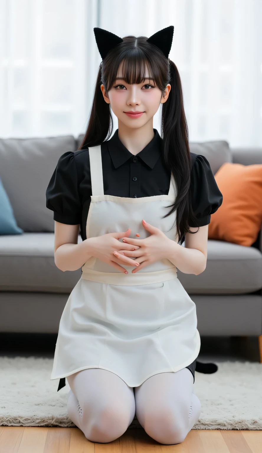 a woman, kneeling on the floor, in the living room, body facing front, Eyes looking at the camera, both hands clasp breasts, using a black waitress uniform with a long apron of white color, using stockings of white color, big , Banged hair tied ponytail model black color, beautiful smiling face, use a cat ear band with a cat's tail behind the waist,