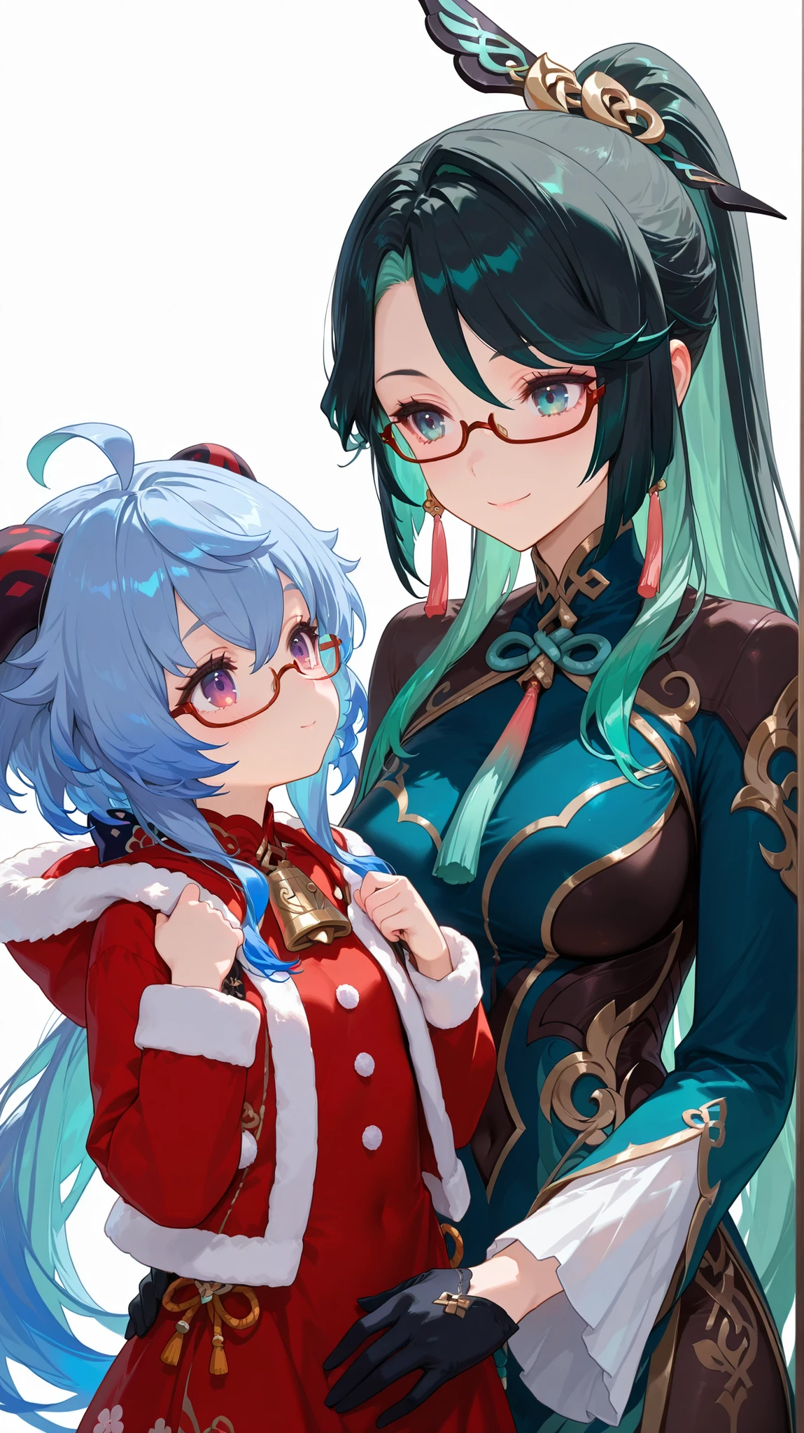 masterpiece, top quality, best quality, official art, beautiful and aesthetic:1.2),(8k, best quality, masterpiece:1.2), (((masterpiece))),(((best quality))),(((extremely detailed))), illustration, who, (masterpiece, top quality, best quality, official art, beautiful and aesthetic:1.2),(8k, best quality, masterpiece:1.2), xianyun gi,under-rim eyewear,ponytail,hair ornament,long hair,black hair, ganyu, blue hair, goat horns, horns, long hair, purple eyes, sidelocks, red-framed eyewear, aged down, colored inner hair, multiple girls, blue hair, 2girls, glasses, horns, gloves, multicolored hair, official alternate costume, ahoge, long hair, black hair, purple eyes, black gloves, two-tone hair, long sleeves, green hair, smile, fur trim, semi-rimless eyewear, dress, hood, bell, , aqua eyes, white background