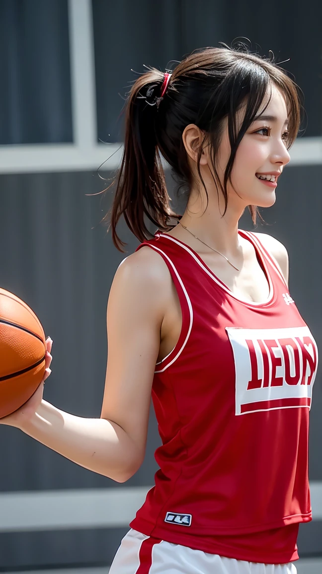 score_9, score_8_up, score_7_up, BREAK,
clean up hair at face, 1girl, solo, caucasian girl, asian girl, short hairstyle, straight hair, red hair, long bangs, chin up, natural smooth hair, yellow eyes, lipstick, slender body, basketball jersey, wearing basketball sleevless red jersey chichago bulls, red basket ball jersey, nike logo, midriff, full tattooed hand, large rounded breasts, holding and shooting basket ball stance, hand up, outdoor basketball field, street ball, outdoor, cage, wall full gravity, blue sky, sweat, delicate and smooth skin, volumetric lighting, dramatic atmospheric haze, film grain, cinematic film still, shallow depth of field, cowboy shot, dynamic angle, expressiveh,smirk,huge breast,cute face, heavy saggy breasts, hands on own breast, 16 year old