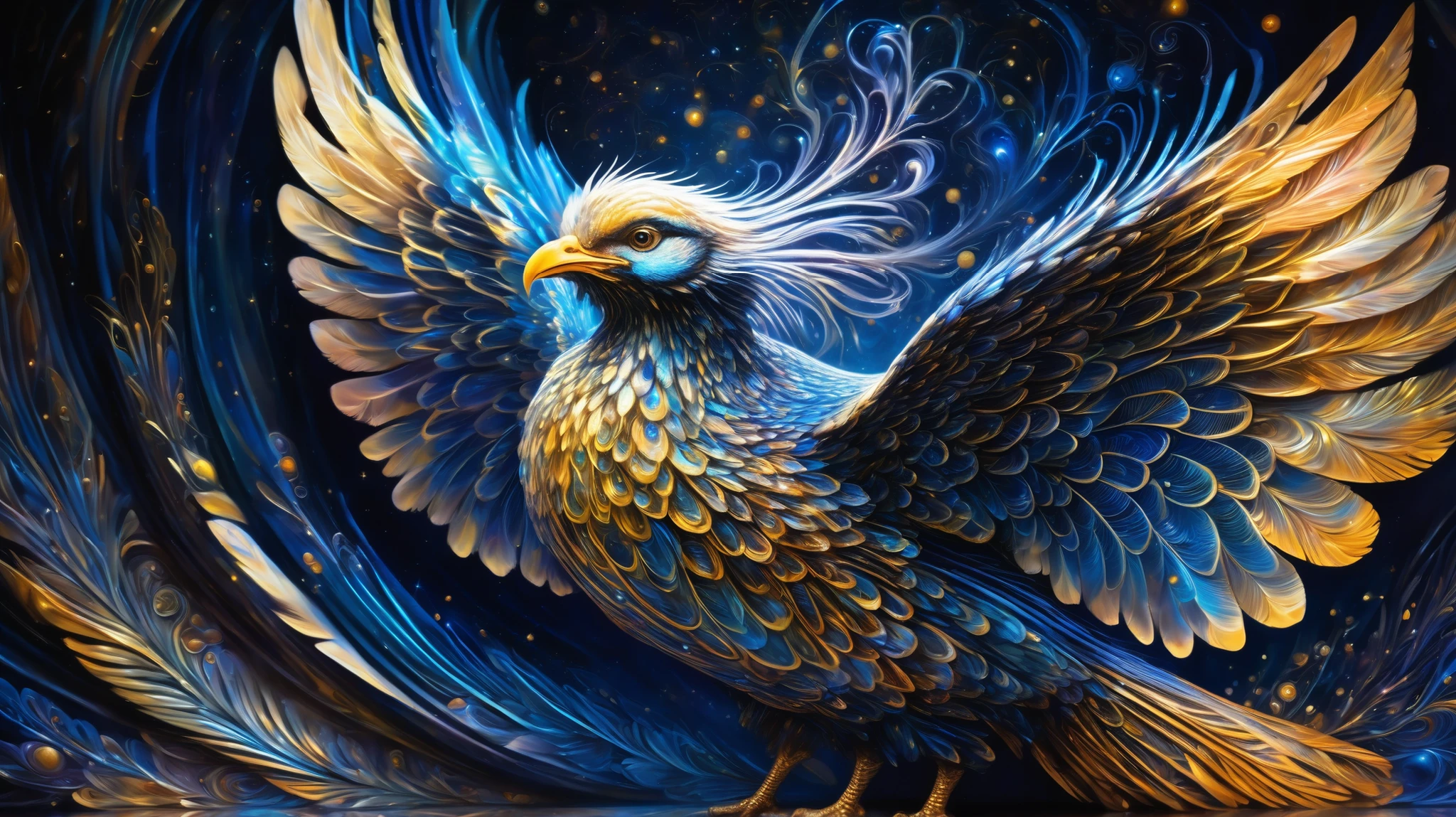 A majestic seraphim with flowing striped wings, each feather intricately patterned with glowing celestial stripes, floating in a surreal, ethereal space filled with shimmering particles and soft light. The background features a blend of deep blues and golds, with subtle neon accents. The style is reminiscent of baroque oil paintings with thick impasto and chiaroscuro lighting, inspired by the works of Rembrandt and Alex Grey. The overall atmosphere is one of divine wonder and cosmic mysticism.