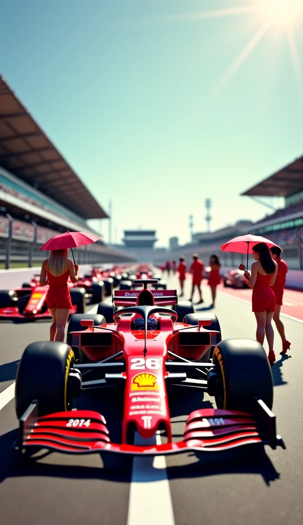 6 F1 cars (2024 edition) on the starting grid, getting ready to the race, with their team working on the cars. With some paddock girls holding their umbrella. Sunny day, cinematic light. The race is in the circuit of America (Texas).
