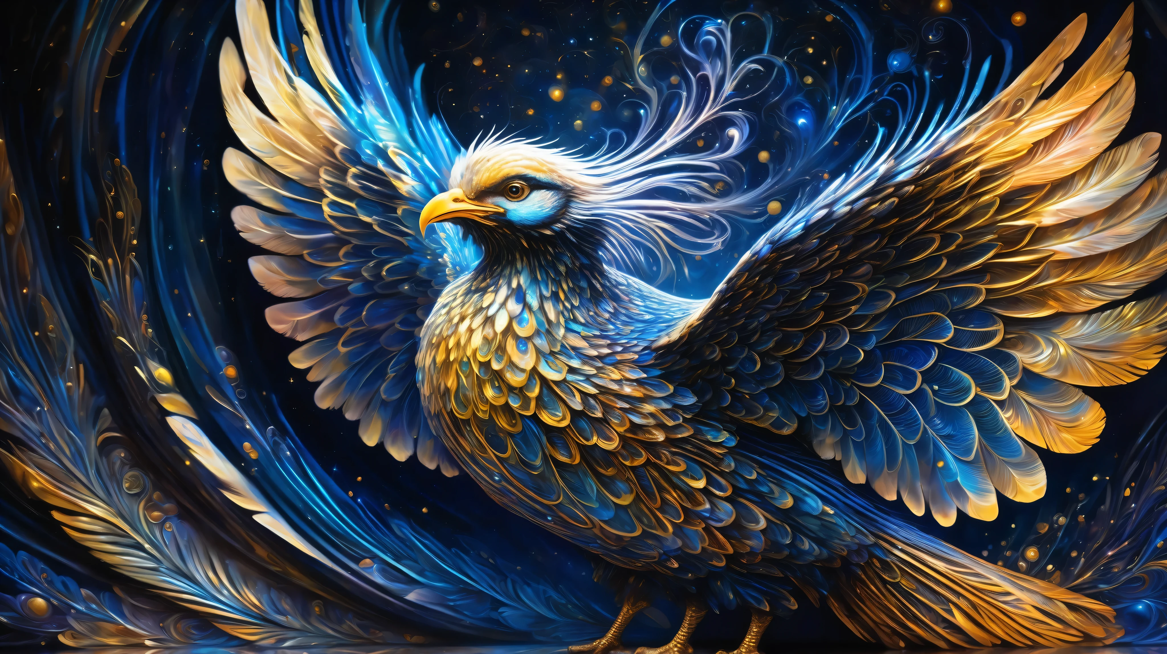 A majestic seraphim with flowing striped wings, each feather intricately patterned with glowing celestial stripes, floating in a surreal, ethereal space filled with shimmering particles and soft light. The background features a blend of deep blues and golds, with subtle neon accents. The style is reminiscent of baroque oil paintings with thick impasto and chiaroscuro lighting, inspired by the works of Rembrandt and Alex Grey. The overall atmosphere is one of divine wonder and cosmic mysticism.