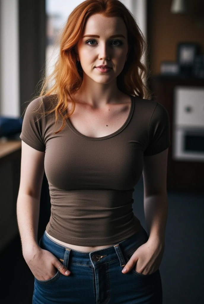 Allison Scagliotti, reddish hair, cowboy shot, bobcut