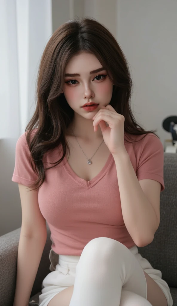 (Realistic lighting, Best quality, 8K, Masterpiece: 1.3)), Clear focus: 1.2, 1girl, Perfect beauty: 1.4, Big breasts: 1.2, Slim abs: 1.1, ((dark brown hair)), (Pink shirt black pants), (university class), day: 1.1), , Super fine face, fine eyes, Double eyelids,, full body