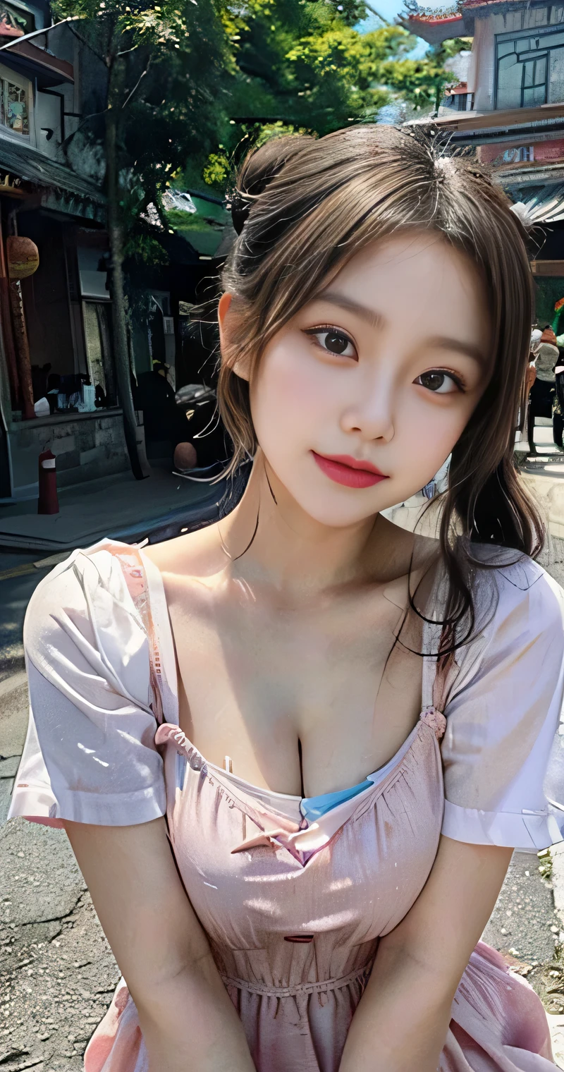 Neat female college student, , (school uniform, y shirt, summer clothes), outside the playground, (slim), realistic, be familiar with, skin texture, ultra be familiar with, delicate and sexy clavicle, smile, super be familiar withed face, be familiar withed lips, be familiar withed eyes, double eyelid, small breasts, small breasts, small, flat chest, Breast augmentation