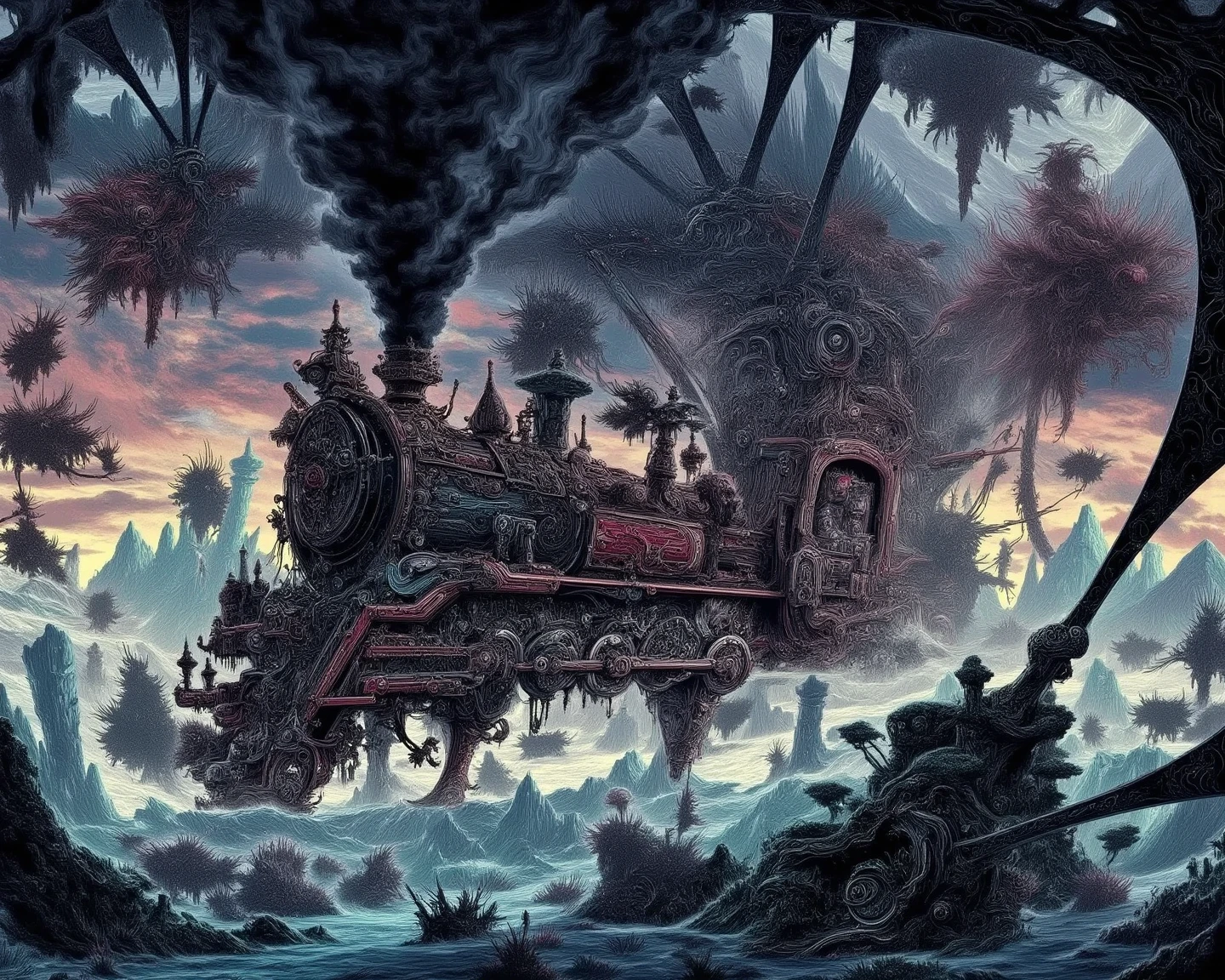 Illustration of a steam locomotive traveling through outer space、Move between multiple planets while emitting smoke、science fiction illustration、Sci-fi fantasy、A sense of dynamism that makes you feel energy、super wide angle