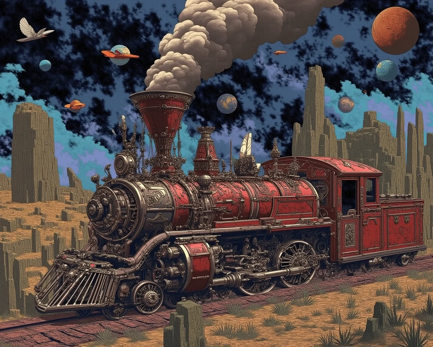 Illustration of a steam locomotive traveling through outer space、Move between multiple planets while emitting smoke、science fiction illustration、Sci-fi fantasy、A sense of dynamism that makes you feel energy、super wide angle