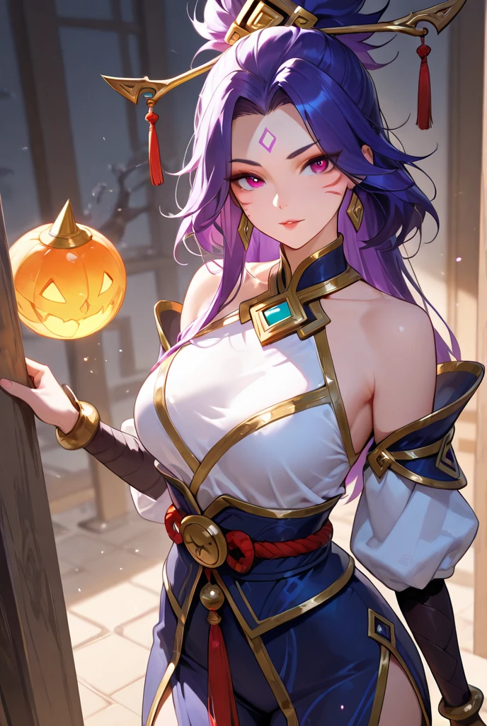 masterpiece, best quality, very aesthetic, absurdres, 1girl, mature_lady, Mummy_clothes, bandage_clothes, bandaged_chest, bandaged_fingers, bandaged_hand, bandaged_head, bandaged_neck, bandaged_thighs, bandaged_pants, bandages cover body， ,ahri(league_of_legends), 1girl, kitsune, kyuubi, deep purple hair,deep purple fox ears, long_hair,brown_eyes ,facial mark, whisker markings,white fox tail,kyuubi, large_breasts, long sleeves, magic, white multiple tails, off shoulder, sharp fingernails,in an amusement_park,floating_hair