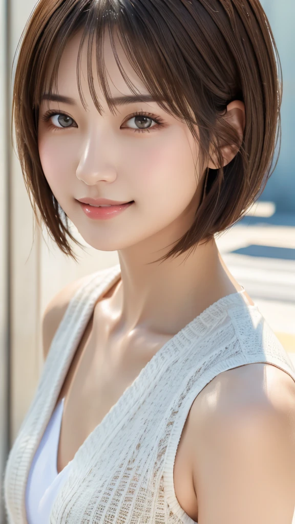 Highest quality, masterpiece, (Realistic: 1.4), One Woman, Golden Ratio, Perfect Face, Beautiful appearance, Pretty face, Face close-up, Short Bob, short hair, smile from Different Angles, smile, Gloss, highlight, Glossy on Skin, Glossy on Skin, Wet Skin, Wet, bangs, Cute smile, bust, Off the shoulder, Refreshing charm, Full of elegance, smile from perfect hand angle, smile, Gloss, highlight, Glossy skin, bangs, bust, big, 暖かいOff the shoulder, Refreshing charm, Ear clearing, Looking into the camera, Pose from different angles