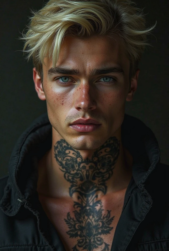 1boy, 25 years old, tan skin, white to blonde faded hair, full body tattoo, body hair, facial hair