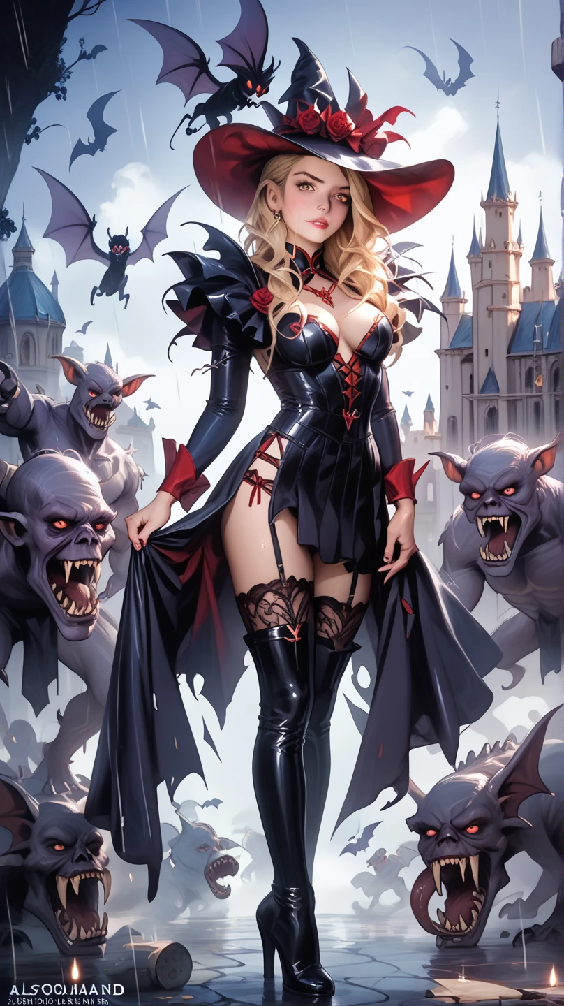 ((a photorealistic glamour shot of an exquisite, glamour female vampire: 1.5)), ((full body: 1.3)), ultra feminine,  pale face, blond hair, long vibrant shiny hair, glamorous hair, emerald green eyes, deep penetrating eyes, red lips, lustful lips, ((two visible vampiric fangs: 1.5), drops of blood dripping from the mouth, ((1950's style: 1.5)), she wears white elegant glamour dress, intricate details, the dress is studded with diamonds, tight suit,  dynamic color, high heels, dynamic background,  (highest quality:1.2, Very detailed, up to date, Vibrant, Ultra-high resolution, High Contrast, masterpiece:1.2, highest quality, Best aesthetics), best details, best quality, highres, ultra wide angle, 16k, [ultra detailed], masterpiece, best quality, (extremely detailed), Genetically modified..., Cinematic Hollywood Film, dark novel