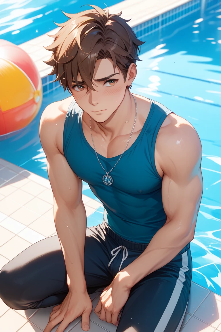 On the school outdoor swimming pool, sunny day, man one hand on waist, (high resolution, distinct_image) superb man, masterpiece, high detail, semi-realistic, brown short hair man, brown hair, short hair, medium hair, 18 years old, young, tall and strong, shirtless, gray-blue swimming trunk, students, college, , dashing, natural, handsome, authoritarian, powerful aura, exquisite facial features, facial details, man standing, sun ray mixed with sweat on the man's body, On the school swimming pool, the background is on a plastic track