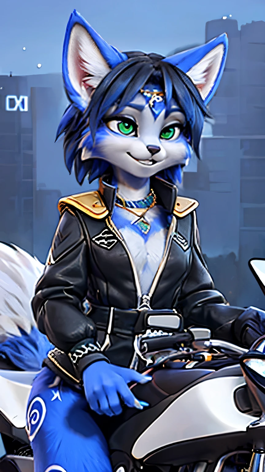 A beautiful and detailed (sweet portrait) wa ((Krystal)), Star Fox Krystal, sslim, lovable, green eyes, medium breasts, (((Long blue hair 1.3))), ((black hair tips)), Decollete, grin, look up,, anthro, furry, Uploaded E621, detailed fluffy fur, (wa Fluff-Kevlar, Bayard Wu, Personalami, Pino Daeni), detailed face, (fluffy), 1 girl, alone, sweet girl, lederjacke, fährt motorrad, chopper, lederkombi