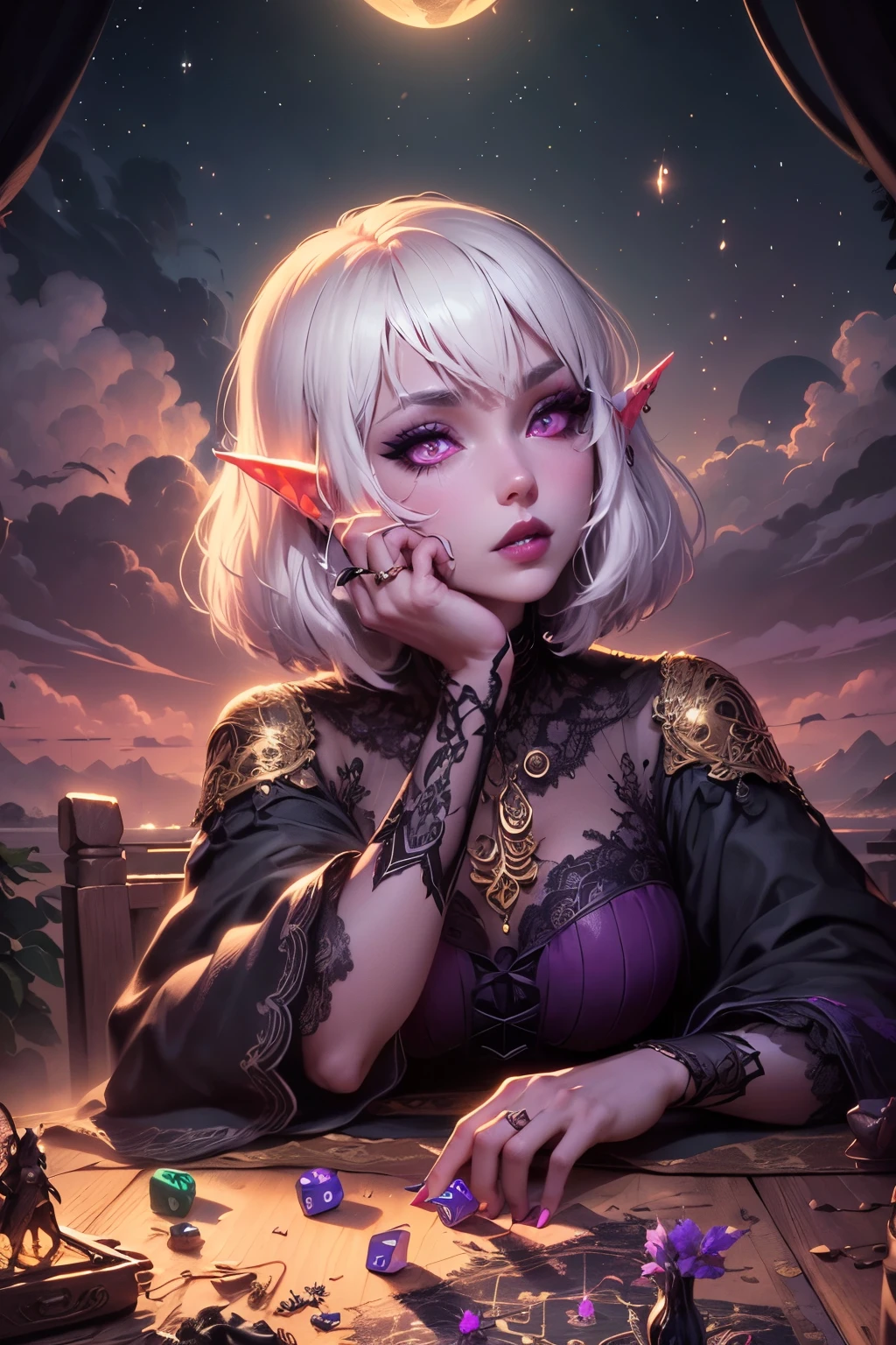 (Ultra-detailed face, Looking Away, Gothic Illustration, Dark Tone Colors.) , BREAK
(In a night room with a beautiful night view, a dark elf female bard is sitting at a table with dice and miniatures, cheek to cheek in a bold pose and a sexy, graceful gesture.) , BREAK
(She has white hair and eyebrows, a crisp fringe, shoulder-length hair, small pink lips, lavender eyes, dark purple skin, and eyeliner.), and (She wears a necklace with a wide lace choker and gold braid. She wears a classic medieval European-style wrap dress of grape-colored, loose-fitting fabric overlaid with thin lace fabric. She wears laced heels with thin jet-black laces.)
