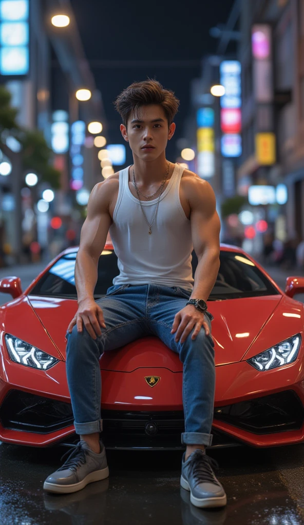 Korean people, underwear,muscular body,smile,Ride in an amusement park roller coaster.