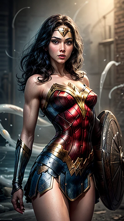 (Masterpiece, Top Quality),1girl ,{{Depth of field}}, Hyper detail, 1woman, (Victoria's Secret Model Wonder Woman), Single, Full Body, (Intricate Details, Makeup), (Delicate and beautiful delicate face, delicate and beautiful delicate eyes, face with perfect proportions), High-detail skin, delicate skin, Best proportions Four fingers and one thumb, strong and realistic blue eyes, realistic black hair, lips, makeup, natural skin texture, tiara, leotard, bulletproof cuffs, red boots, (public clothing:1.3), slightly sunburned, mature, sexy, elastic muscles, (muscles:1.3), ((strong and healthy body)), (((more) muscles))), wet body, wet hair, wet face, long legs, curved, thick thighs, wide buttocks, thin legs, (big breasts: 1.2), thin waist, soft waist, (delicate skin), (wet body: 1.0), (beautiful and sexy woman), (swollen lips: 0.9), (eyelashes: 1.2), very delicate muscle definition, bare handed, hold nothing on hand, LED panel lights arranged in a square shape to mimic existing interior fixtures, a flooded basement controlled by a local gang armed with hacked police weapons such as machine guns and taser shotguns, ((top quality)), ((masterpiece)), ((realistic)), (detailed), cinematic lighting, complex, high detail, sharp focus,