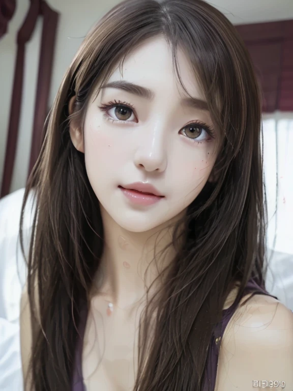 On the bed、Close-up photo of a beautiful naked woman、Black Hair、bangs、Place two images, up and down