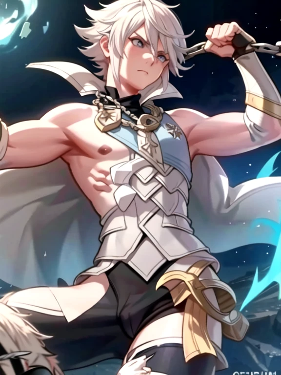 Em um reino de fantasia, a distinguished male character draws attention with his striking presence. Their skin is white as snow, casting an ethereal glow around you. Flowing white hair flows gracefully in loose locks, adding a touch of distinction to your appearance.

This man confidently wears a crop top, revealing a sculpted abdomen, showcasing bold fashion choices and her well-defined physique. Distinctive bunny ears adorn its head, giving it a charming and unique appearance. Os olhos dele, um vermelho profundo, emanam uma intensidade que sugere sua natureza singular e talvez misteriosa.

Wielding a scythe with elegance, ele demonstra habilidade e destreza com a arma, suggesting remarkable proficiency in combat. The character&#39;s elegant posture and serene expression contrast with the potentially lethal nature of his chosen weapon..

This male character&#39;s expression of elegance suggests an intriguing mix of grace and strength., while your snow-white appearance, juntamente com o top cortado e orelhas de coelho, creates a unique figure amidst the fantastic scenery. He seems to carry an aura of mystery, evoking an engaging narrative and a presence that transcends expectations.