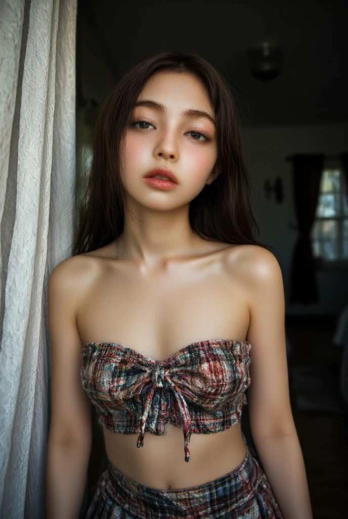 15 year old loves sex、 sexy in a lewd knitted dress、Underboob, small breasts, aroused Caucasian face, young girl, nice hips