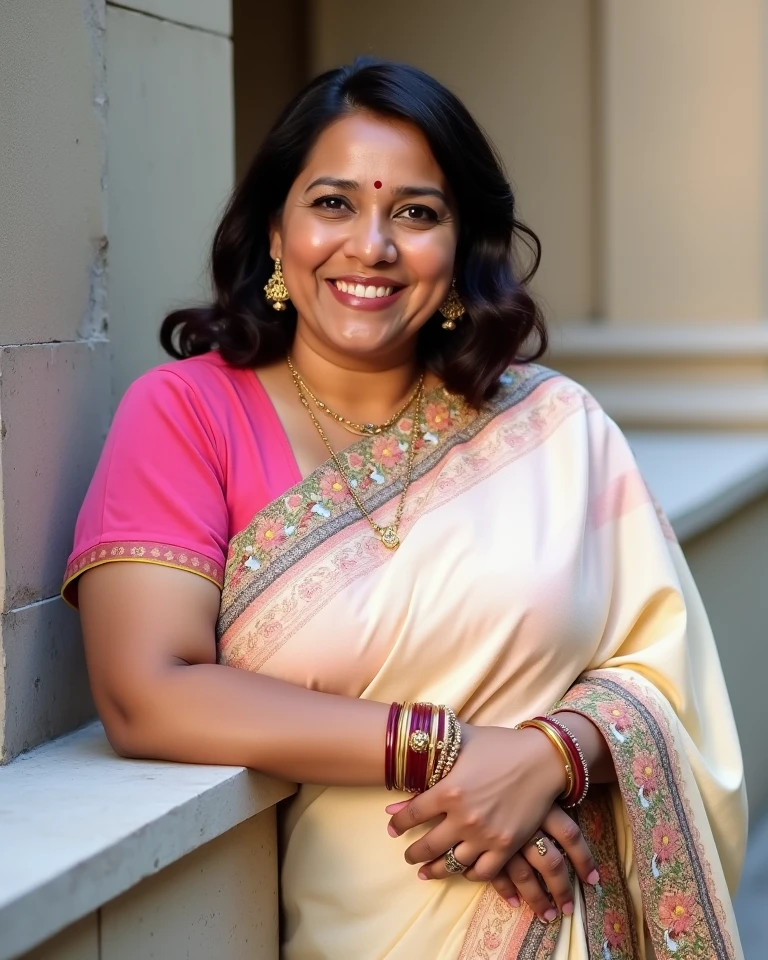 Instagram photo, 45 years old woman naina, wearing satin blue nightgown, curvy, bokeh, bedroom, closeup selfie taken on iphone 15, slight smile sunkissed, sunlight, waving hand 