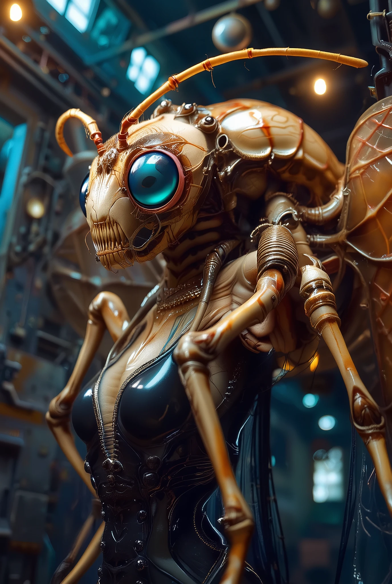 (Best Quality, 4K, high definition, masterpiece:1.2), (super detailed, photorealistic looking happy:1.37), photo taken by professional photographer, a beautiful, extremely sensual queen of bugs, detailed facial features, elegant posture, alluring expression, best quality, 4K, high resolution, photorealistic, HDR, UHD, studio lighting, vivid colors, fantasy scene, dark atmosphere, dramatic lighting, intricate details, macro photography, insect portrait, neon colored