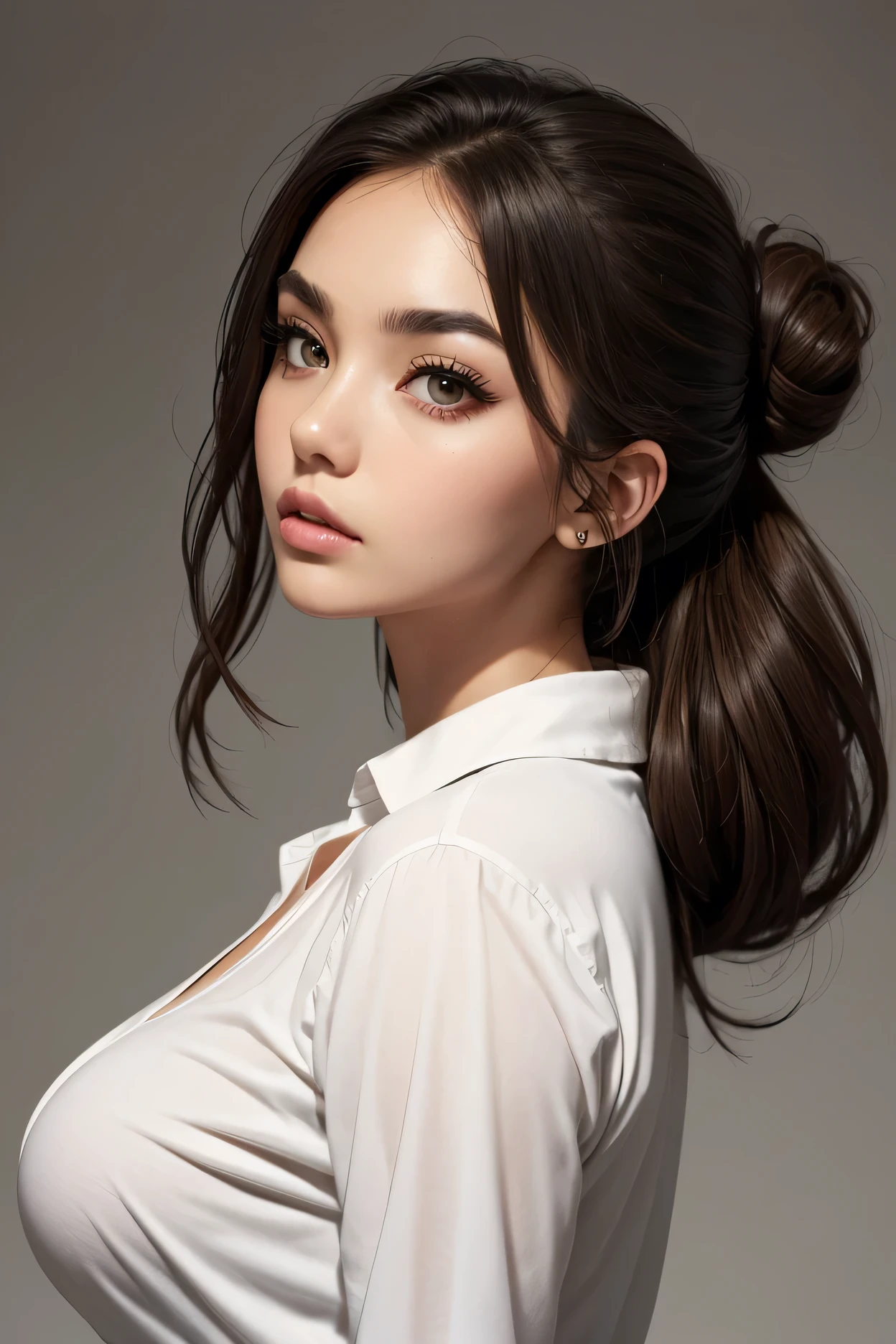 simple background, from side, looking at viewer, perfect face, hair low bun, slick brown hair, black eyebrows, natural eyebrows, big eyes, brown eyes, thick lips, beautiful woman, large breasts, perfect breasts, white v-neck shirt