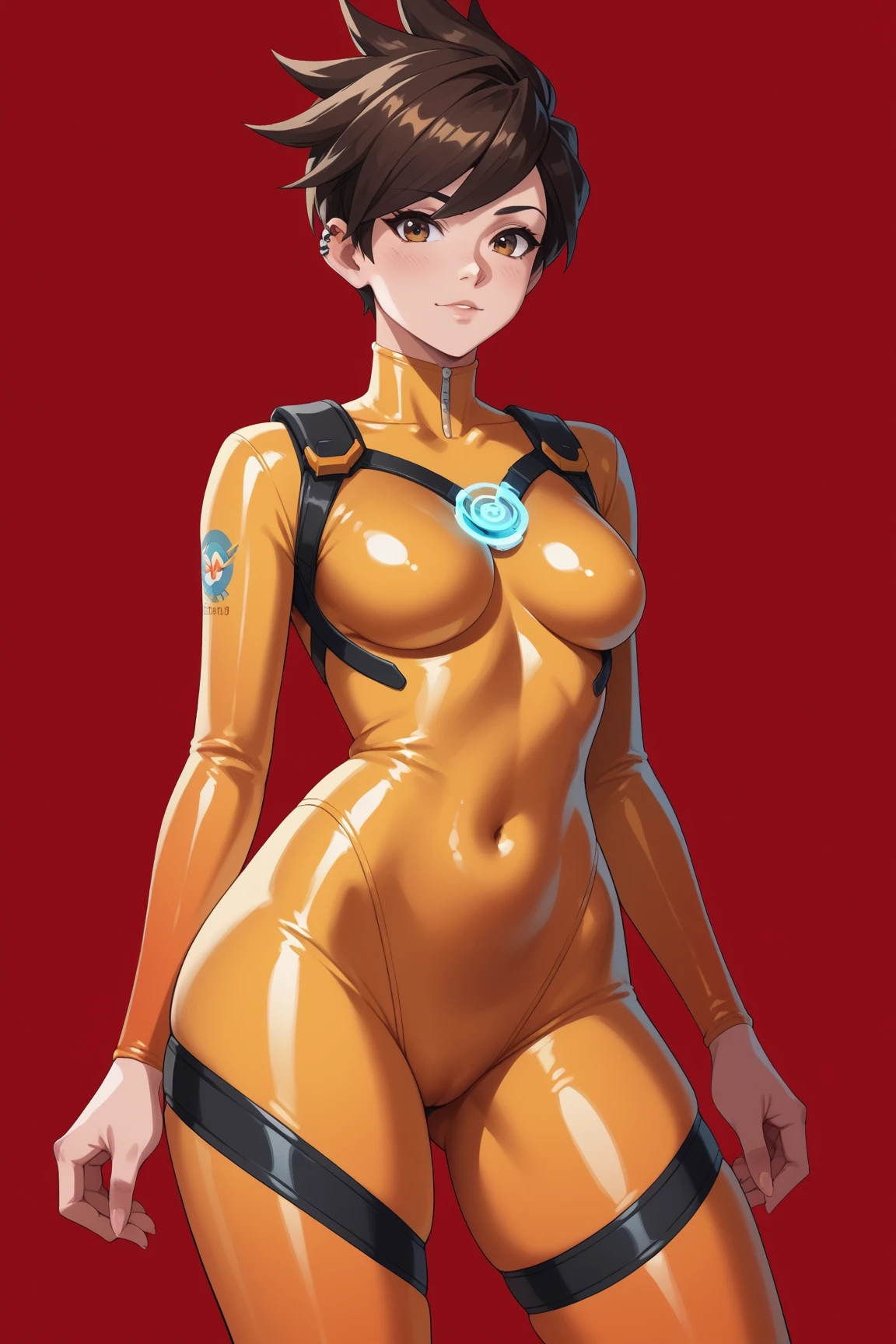 Girl, peach, short hair,tempting medium-sized breasts,nude, pussy ,hand beside hip ,facing the camera,standing,yellow eye,visible pussy ,face look at the camera, torn orange latex bodysuit