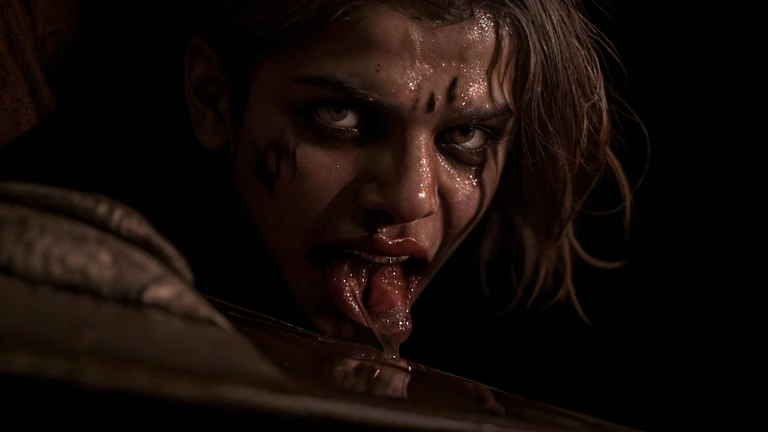 (highres,photorealistic),(dark,haunting,horror),(possessed,woman,female),(intense expression,glowing eyes),dark atmosphere,demonic presence,ominous shadows,blurred background,spooky lighting,possessed by evil,evil entity taking control,supernatural forces,terrifying transformation,wicked aura,sinister energy,distorted features,manipulated reality,battle between good and evil,cursed soul fighting for freedom Crimson-red color scheme,gothic elements,ethereal and eerie,haunted appearance,demonic possession.