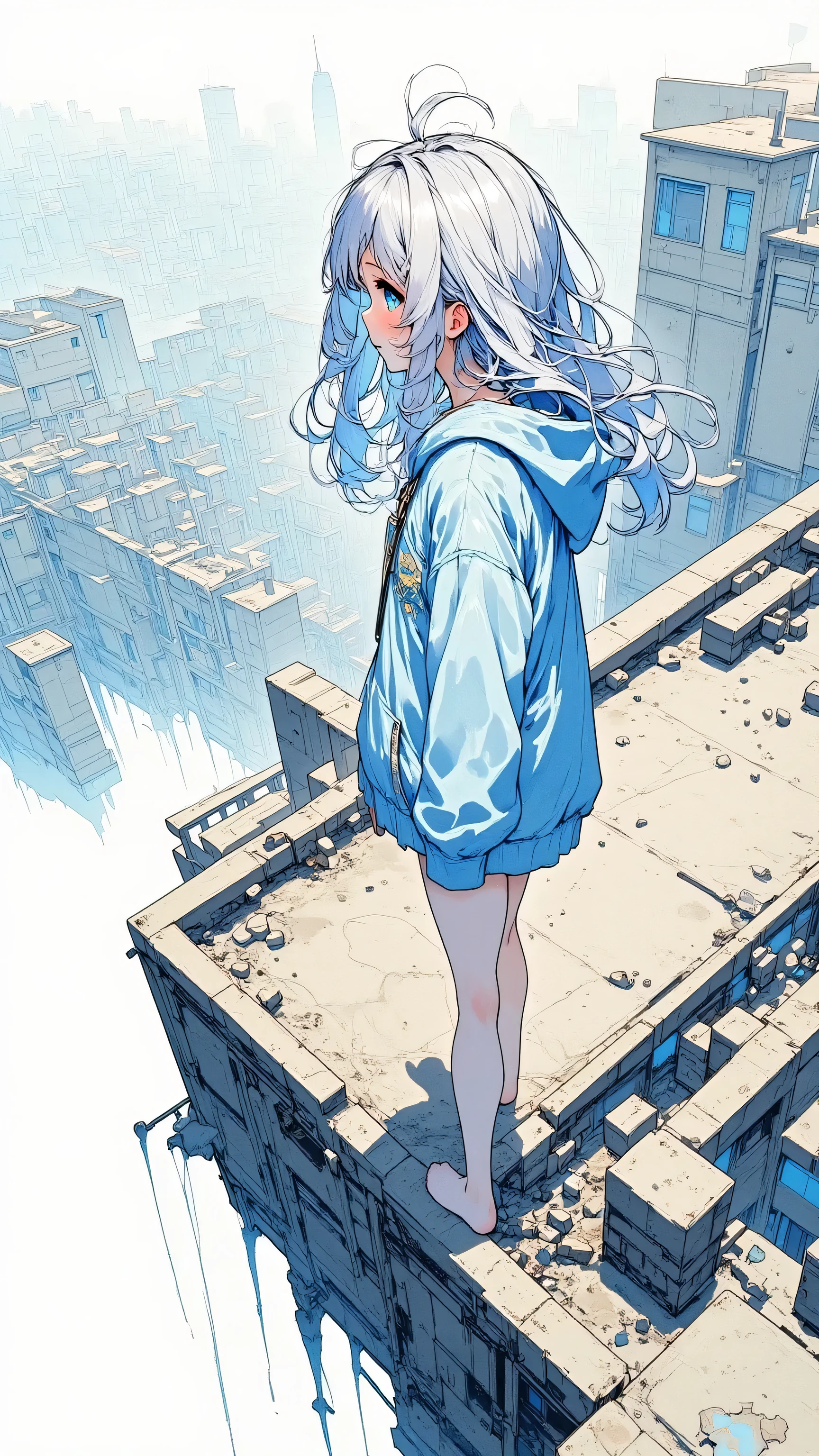 A silver-haired girl in a blue hoodie stands on the edge of a collapsed building rooftop, viewed from a high angle. Her hair flutters in the wind as she gazes down at the distant city beneath a pale sky. Cracked concrete, broken wires, water dripping. Nostalgic and post-apocalyptic atmosphere. --ar 3:4 --v 5