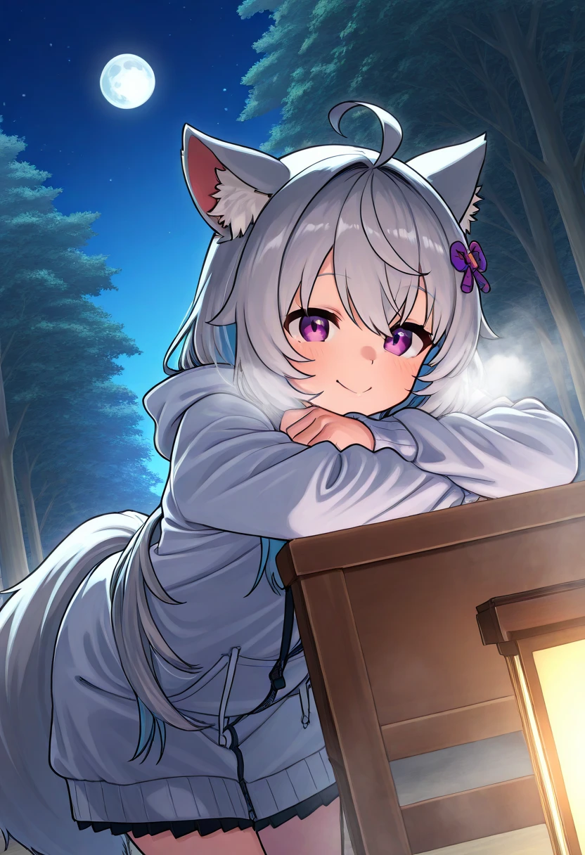 Furry, Female orcs, Wolf Girl, extreme high detail, Gray fur, shy, bathrobe, Wolf tail, looking at, cute expression, full body, lying on the grass ground, Plump body, byself, HDR, High-quality light and shadow, 8k, Highest image quality