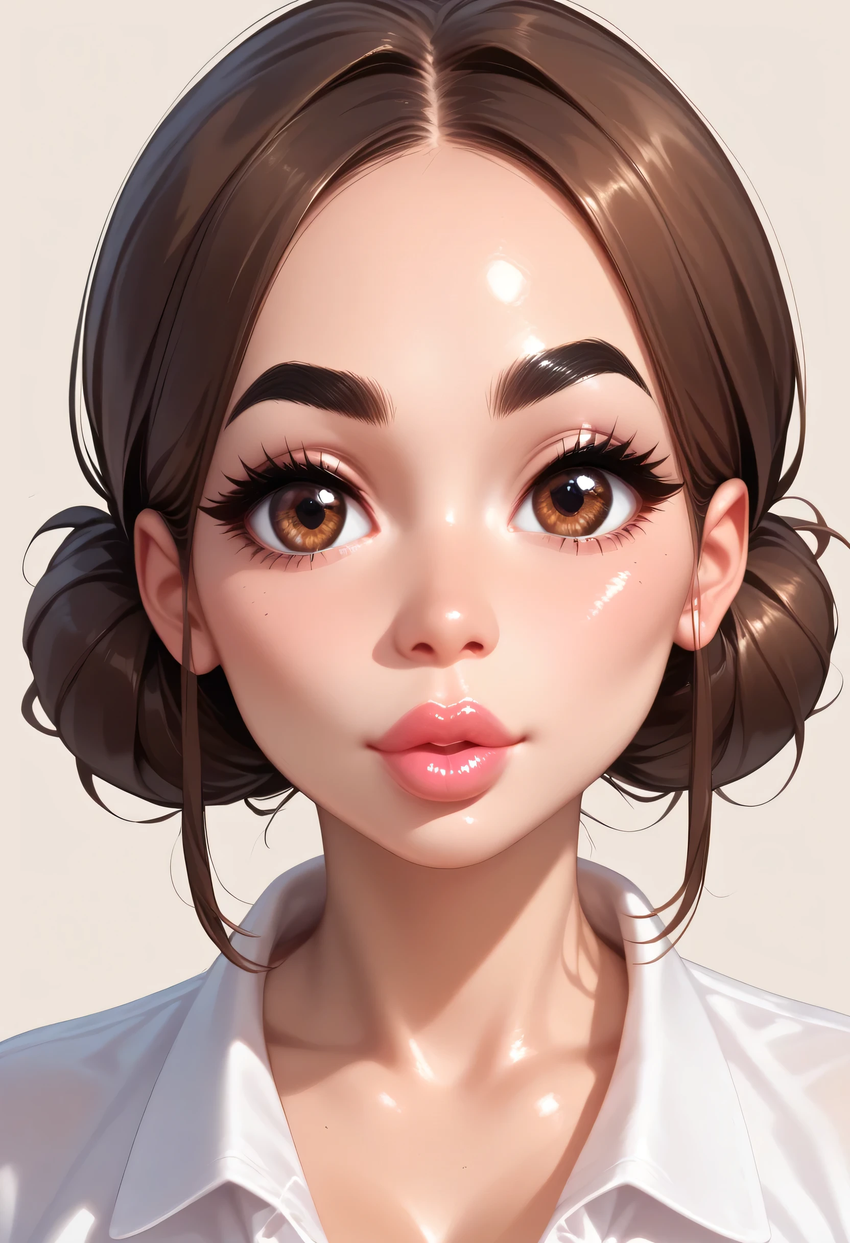 simple background, looking at viewer, perfect face, hair low bun, slick brown hair, black eyebrows, natural eyebrows, big eyes, brown eyes, thick lips, beautiful woman, (perfect large breasts), white v-neck shirt