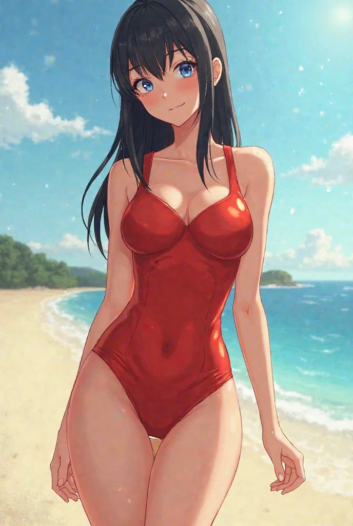 masterpiece, 1girl, Red swimsuit, sea, black hair, black eyes, big smile