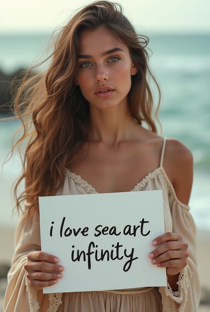 Beautiful girl with wavy long hair, bohemian dress, holding a white board with text "I Love Seaart Infinity" and showing it to the viewer