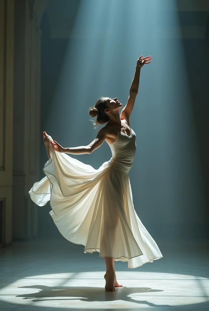 The image captures a moment of pure elegance and grace. O sujeito, uma jovem mulher, is in the middle of a dance, your body positioned in a dynamic pose that suggests movement and energy. She is adorned in a white dress, its golden details adding a touch of sophistication. O vestido, with your flowing skirt, It's a testament to the fluidity of your dance.
His arms are raised, mirroring the upward movement of your dance, and his eyes are closed, indicating a moment of intense concentration or perhaps a moment of pure joy. Sunlight coming in from the side casts a warm glow on her, highlighting your features and adding depth to the image.
O fundo contrasta fortemente com o assunto, com suas cores escuras e suaves, allowing the viewer's attention to remain focused on the woman and her dance. The overall composition of the image, with its careful balance of light and shadow, cor e contraste, creates a visually stunning scene that captures the essence of grace and beauty in motion.