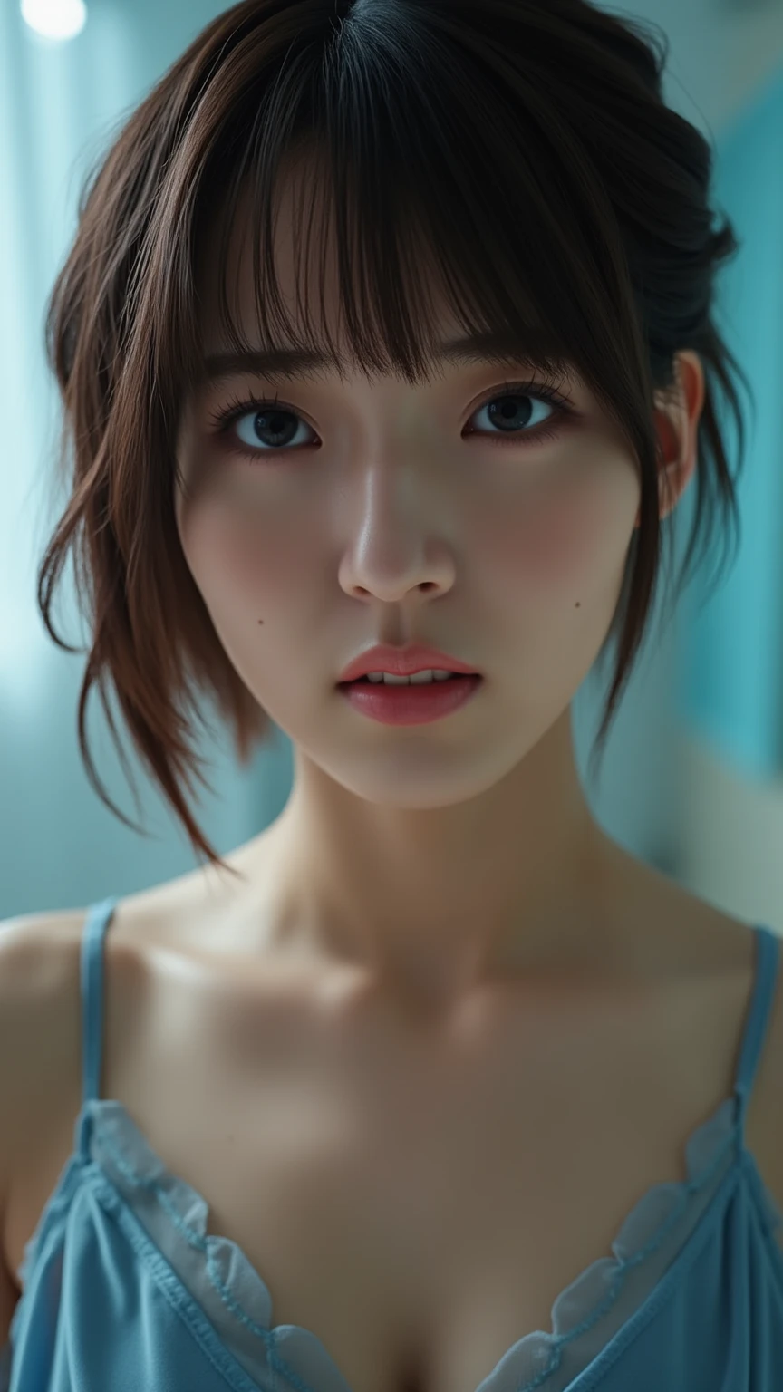 ((top quality, 8k, masterpiece: 1.3)), women (full body portrait, front, babydoll wearing, wet clothes, big breasts, cleavage), seabird, catching pose, short dress, overhead camera, sharp focus: 1.2, cute women: 1.4, (((hairstyle random)), wet hair, very detailed face and skin and hair texture, detailed eyes, double eyelids, white skin, beautiful delicate nose, Cute young Japan woman, 28 years old, at a dynamic angle, is pleasing to the eye and suggestive composition, emphasizing the subject's hair, eyes, mouth and action, while exuding melancholy emotions characterized by a contrasting mix of muted tones and light and shadow,