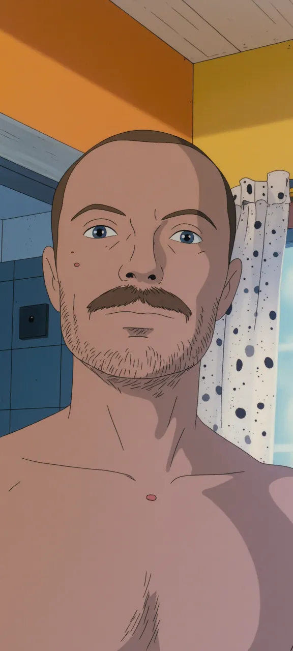 Fanart animation DAVID HARBOUR in a bathtub with shallow water, left leg raised with foot out of the water, knee raised, wearing open blue dress shirt with white tank top underneath, wet, hands close to face, cigarette in mouth, smiling, eyes closed, white jockstrap, white underwear, thin and wet, underwear ((wet)), leg and thigh large and hairy,  sexy, open leg, fat legs, fat knee, fat legs, fat ankle, wide, ball appearing to the sides, marked rolls, wet, marking, BARA ART, FANART, STUDIO GHIBLI, FAT MAN, RETRO ANIME, 1989
