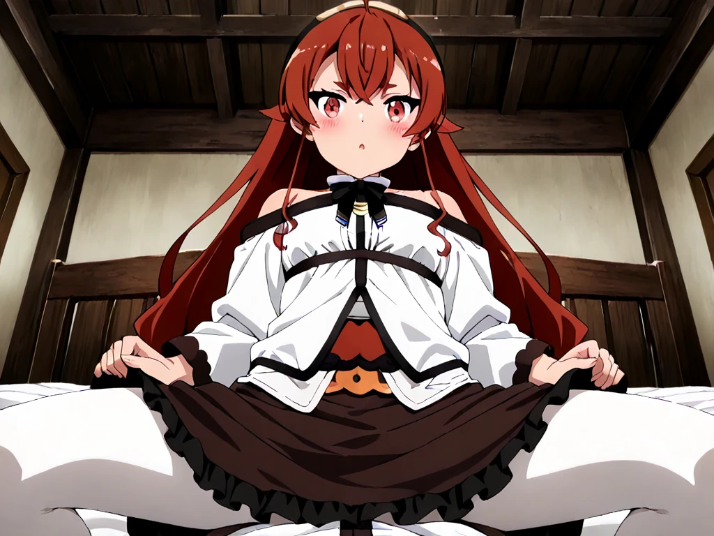 ((highest quality)), ((masterpiece)), (be familiar with), perfect face, indoor, Bedroom, looking at the viewer,
one woman, Ellis Boreas Greyrat,
open mouth, ecstatic expression, blush, smile,
small breasts, flat chest, young girl, , , girl,
long hair, red hair, red eyes, long hair,
Completely naked, Nipple exposed, Sex with a man with a big cock, 膣内ejaculation, semen splashes, Insert a into your, sex in missionary position, , spread legs,