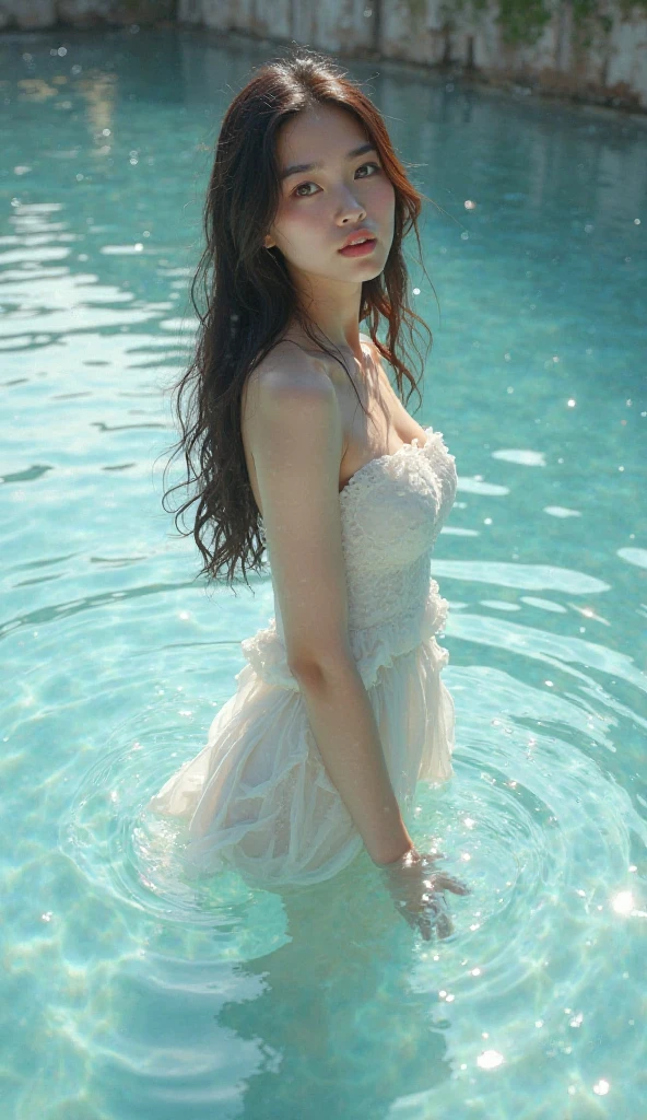 a close up of a woman in a white dress in the water, sydney sweeney, ethereal beauty, soft light from the side, gorgeous woman, photo of a beautiful woman, beautiful model girl, soft sunset lighting, beautiful girl model, by Han Gan, beautiful model, gorgeous beautiful woman, beautiful blonde girl, gorgeous lady, a stunning young ethereal figure, sexy girl